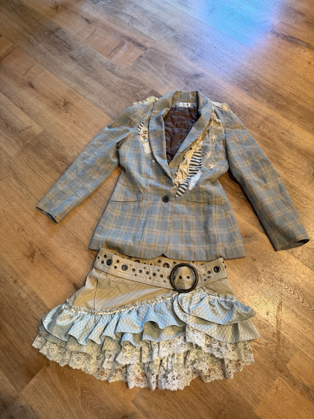 Plaid Blazer with Steamtrunk Ruffled Lace Mini Skirt